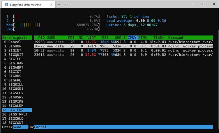 Screenshot of terminate information.
