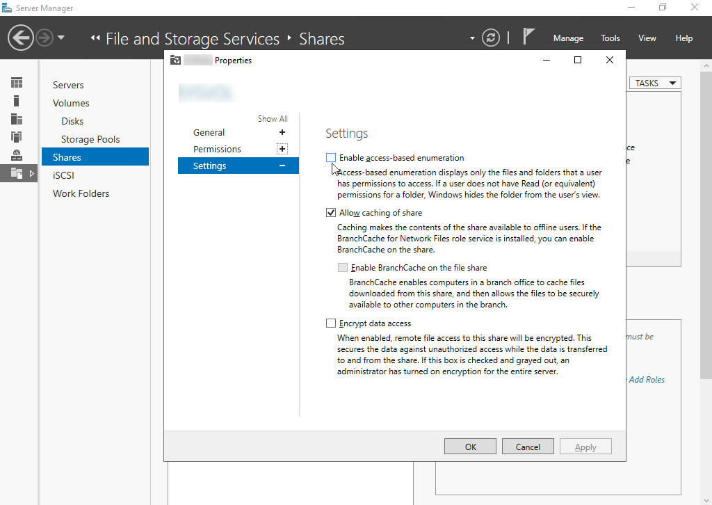 Screenshot showing the Enable access-based enumeration option under the Settings of Server Manager.