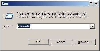 Screenshot of the Run window with the msconfig input.
