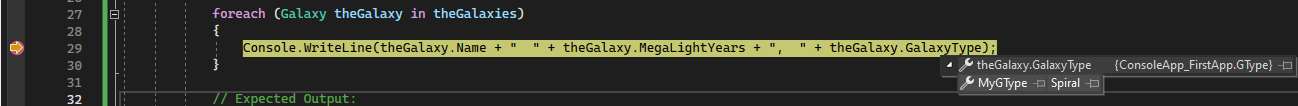 Screenshot of the Visual Studio Debugger with a line of code in yellow and a menu open below the Galaxy GalaxyType property.