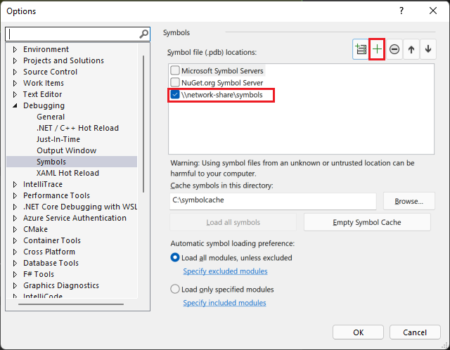 Tools - Options - Debugging - Symbols page