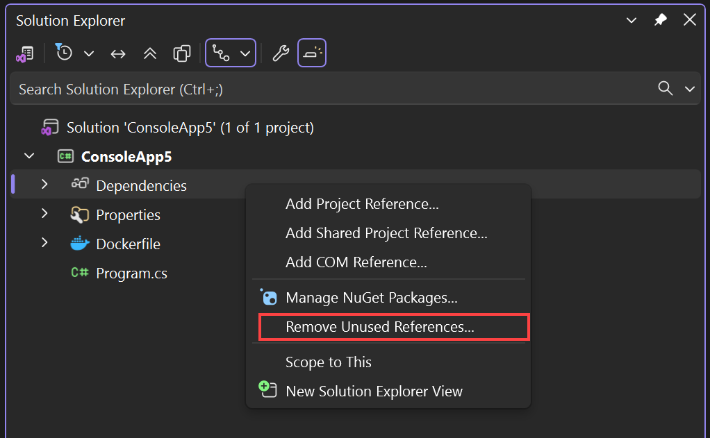 Screenshot that shows the Remove Unused Reference dialog from the context menu in Solution Explorer.
