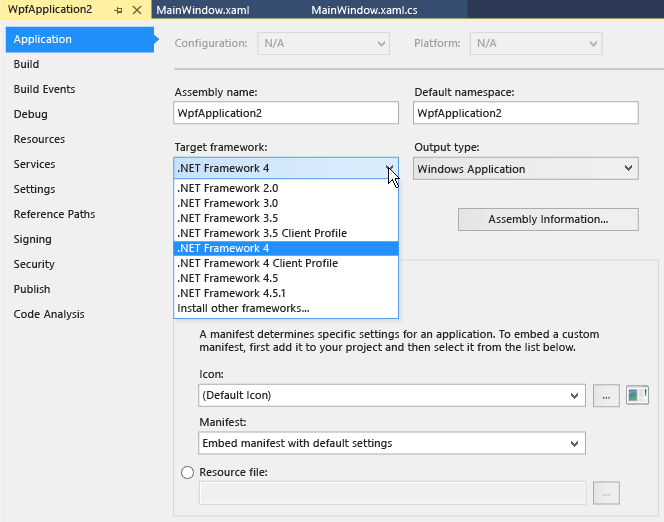 Project properties Application tab