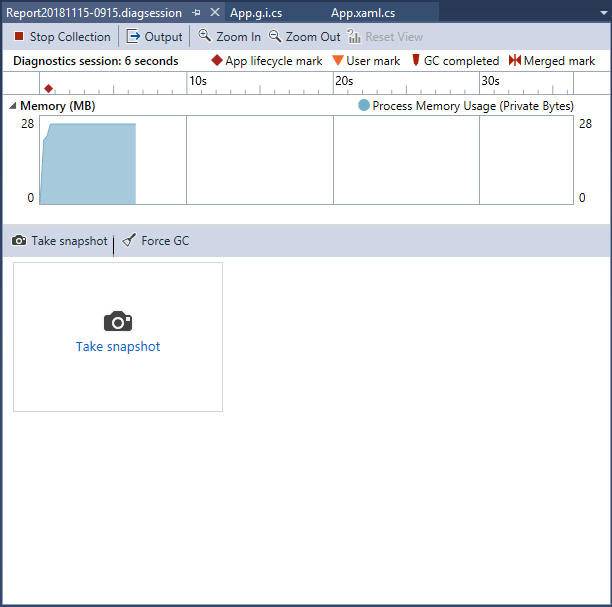 Memory Report Overview Screenshot of the Diagnostic Tools window in the Visual Studio Performance Profiler showing a timeline graph of the app's memory use.