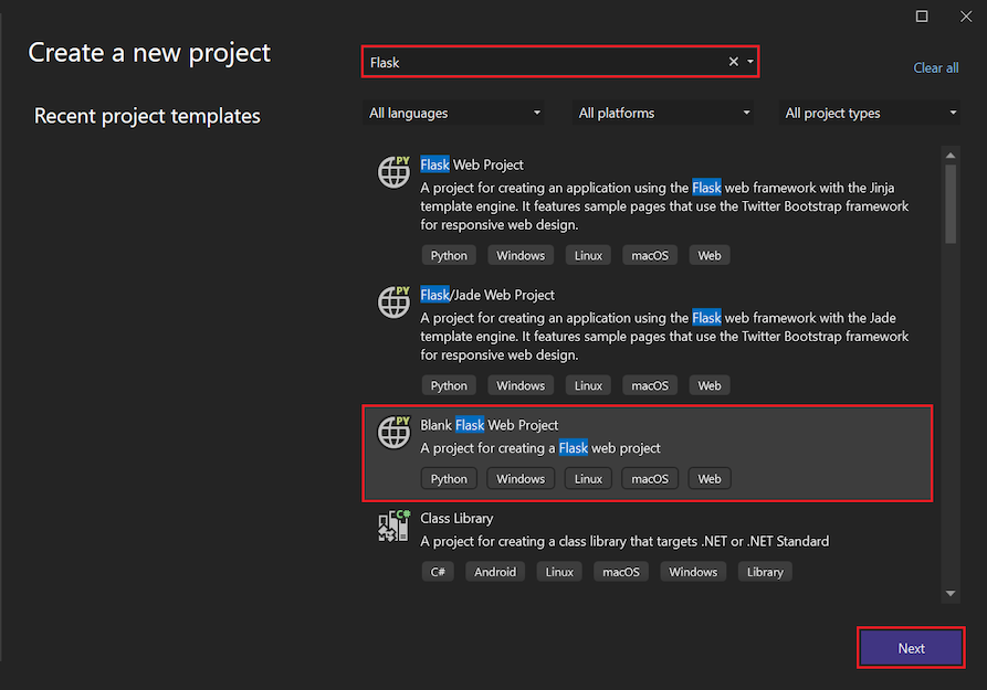 Screenshot that shows how to select the Blank Flask Web Project template in Visual Studio 2022.