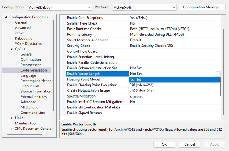 Setting the Enable Vector Length option under C/C++ β Code Generation to either 256 or 512
