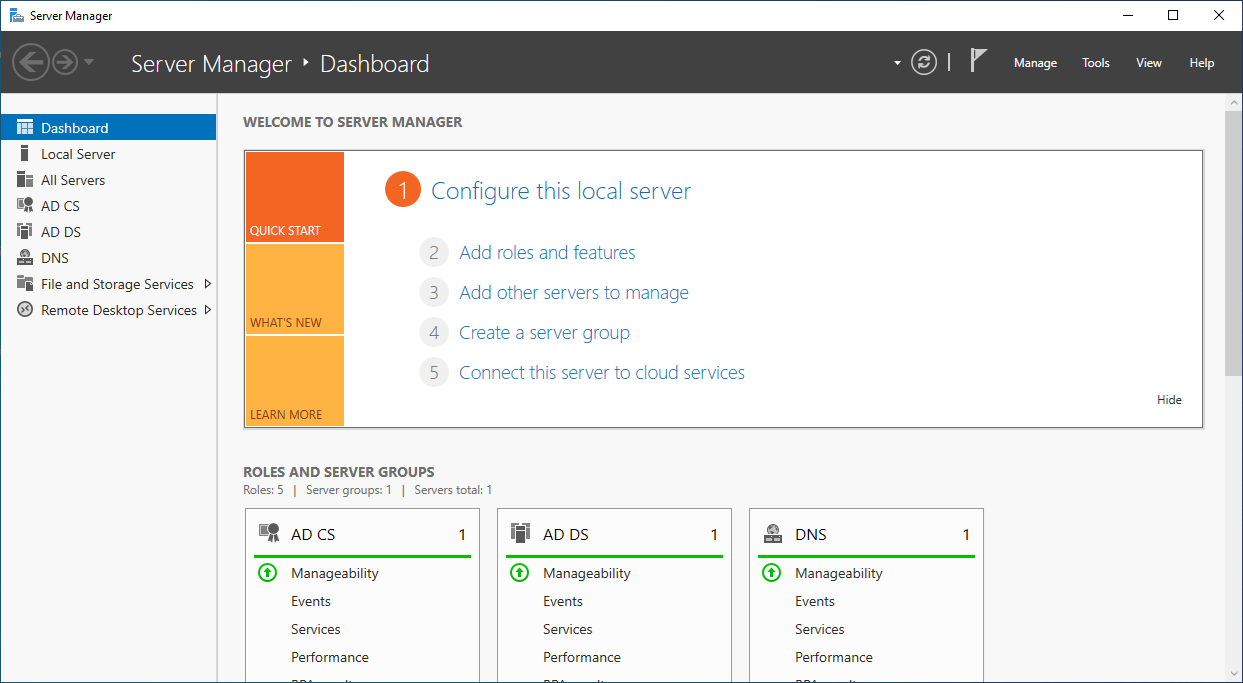 Screenshot showing Server Manager Dashboard with configuration options and status tiles for installed roles.