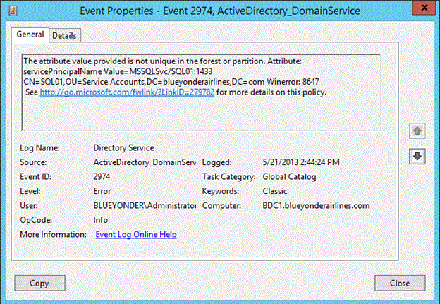 Screenshot that shows the error logged when creation of duplicate SPN is blocked.