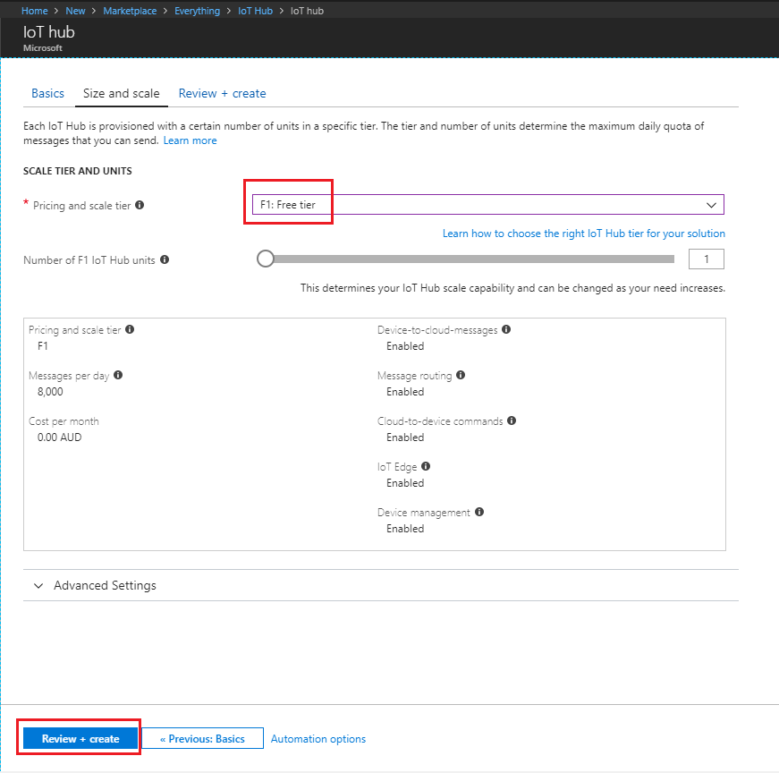 Screenshot that shows the I O T hub Size and scale page. F 1 Free tier is selected in the Pricing and scale tier field. Review and create is circled in red at the bottom of the page.