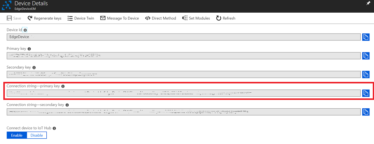 Screenshot that shows the Device Details page. Connection string primary key is circled in red.