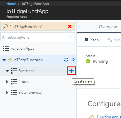 Screenshot that shows the Function Apps page. In the menu on the left next to Functions, the plus sign is circled in red.