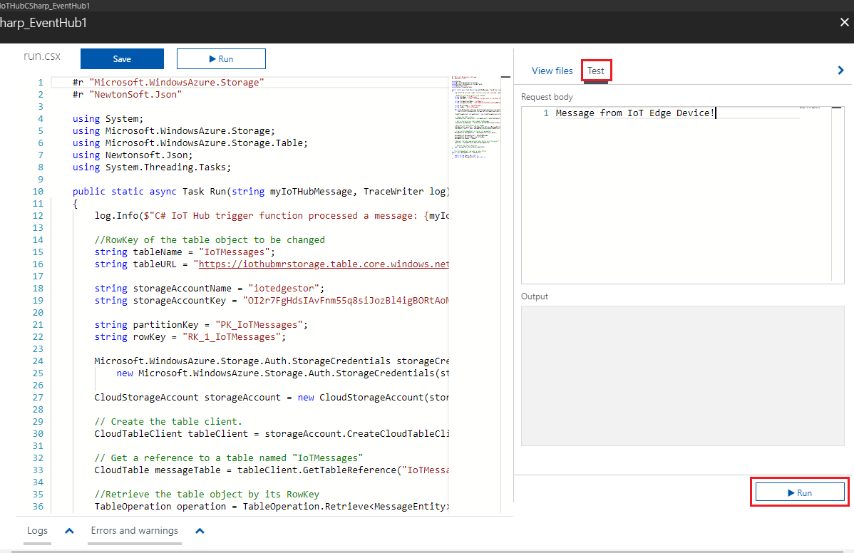 Screenshot that shows the Function Apps page. Test at the top right and the Run button in the bottom left corner are circled in red.