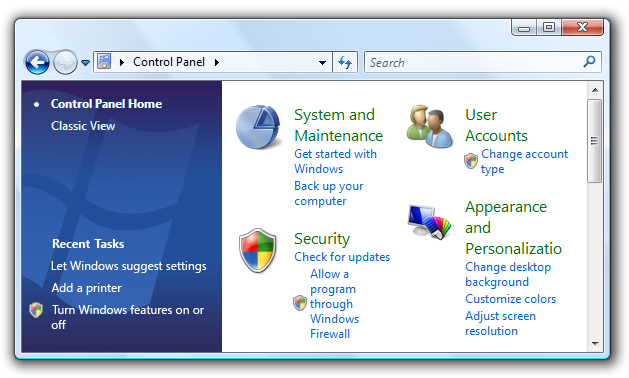 screen shot of control panel with windows logo