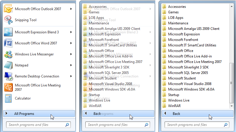 screen shot of all programs changing to back arrow