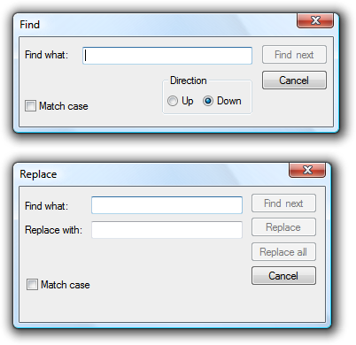 screen shot of find and replace dialog boxes