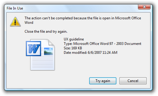 screen shot of dialog box with try again button