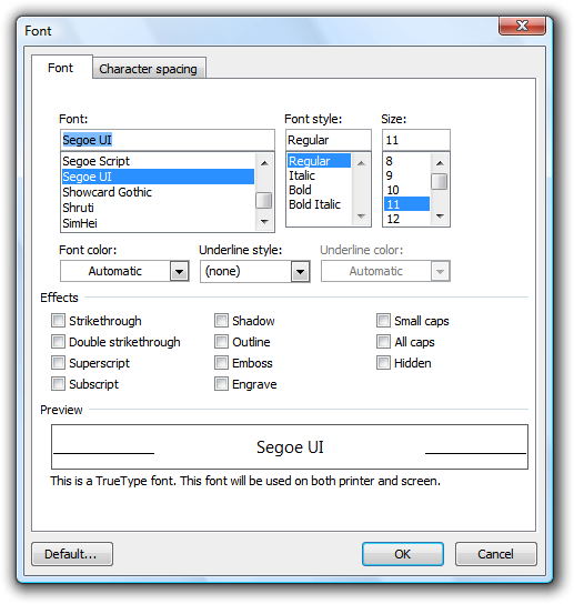 screen shot of preview of results of font settings
