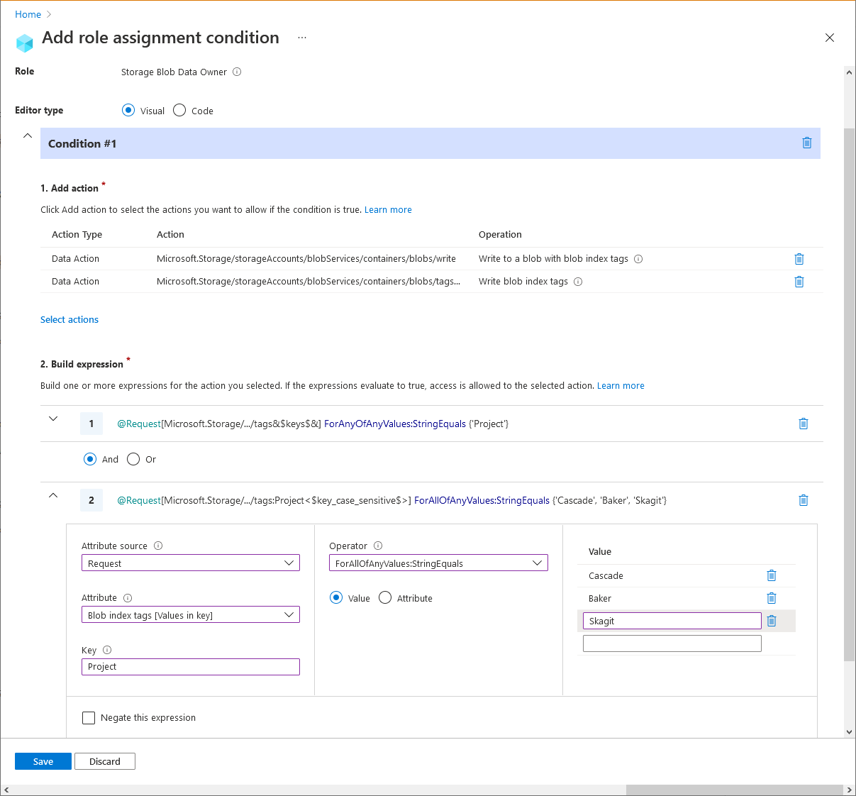 Screenshot of condition editor in Azure portal showing existing blobs must have a blob index tag key and values.