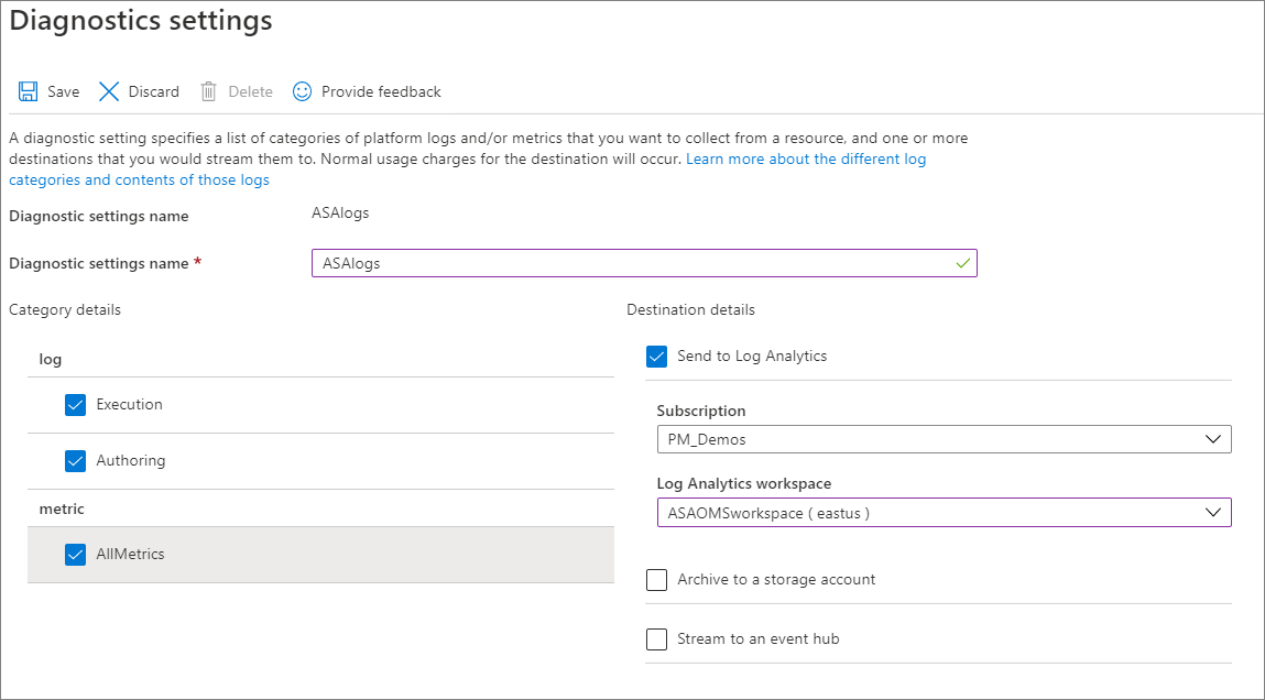 Screenshot of the diagnostic settings page for configuring resource logs in a Stream Analytics job.