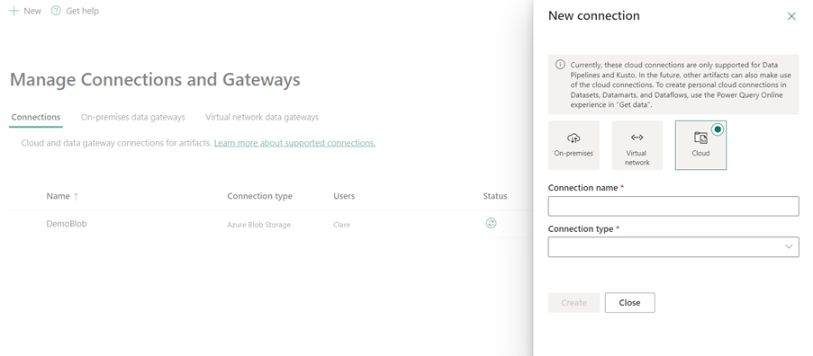 Screenshot showing the 'New connection' pane.