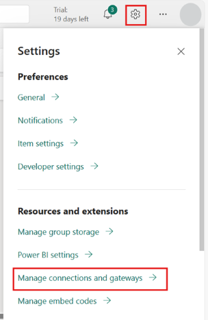 Screenshot showing how to navigate to the Manage connections and gateways view pane.