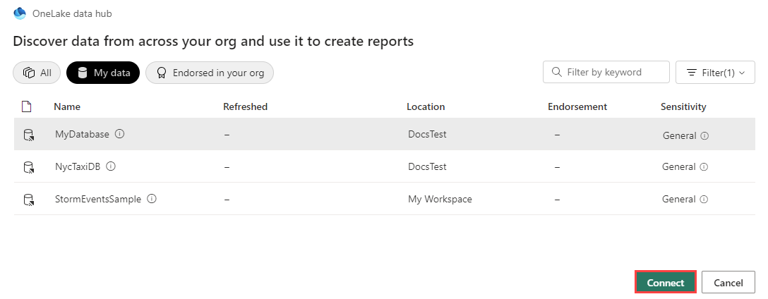 Screenshot of OneLake catalog showing a list of KQL Database available for connection in Power BI Desktop.