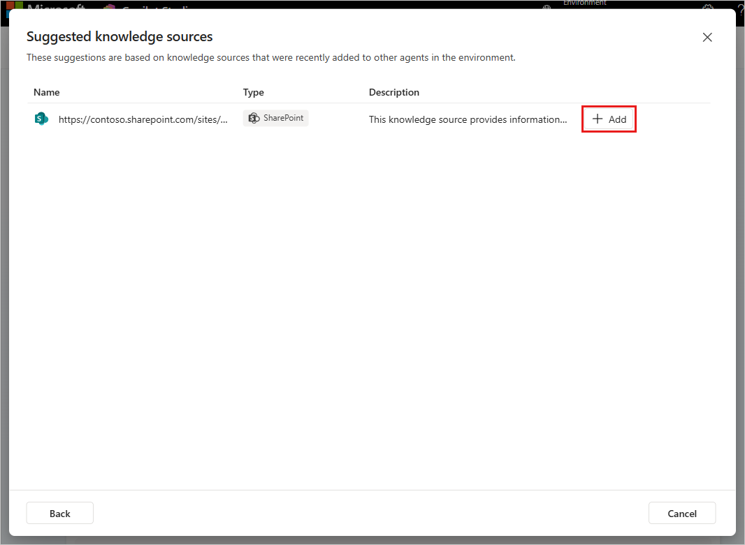 The Suggested knowledge sources dialog showing a list of suggested knowledge sources with options to add them to your agent.