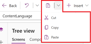 Screenshot that shows where the cut, copy, and paste controls are located in the command bar.