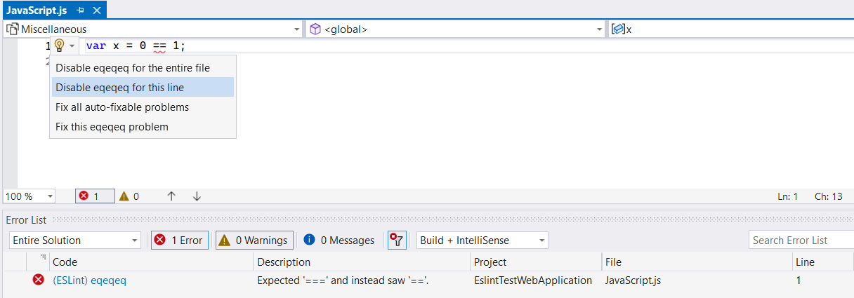 Screenshot of linting Quick Actions.