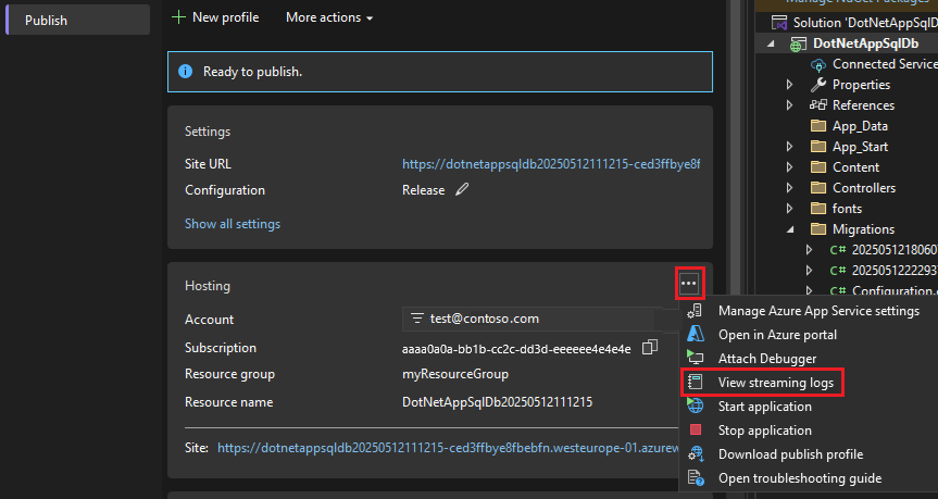 Screenshot that shows Enable log streaming.
