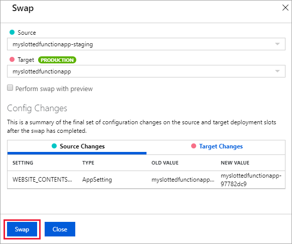 Screenshot showing swapping the deployment slot.