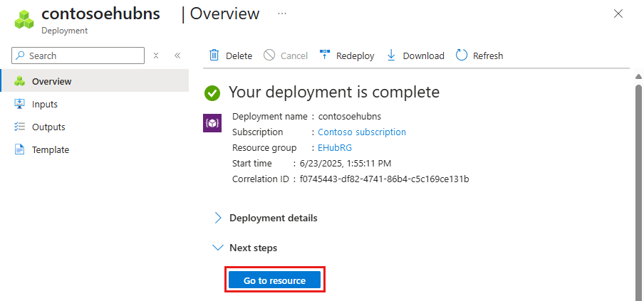 Screenshot of the Deployment complete page with the link to resource.