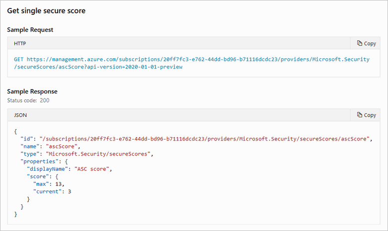 Screenshot that shows retrieving a single secure score via the API.