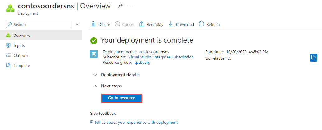Screenshot showing the deployment succeeded page with the Go to resource link.