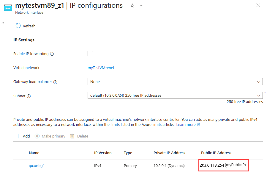 Screenshot of the newly assigned public I P.