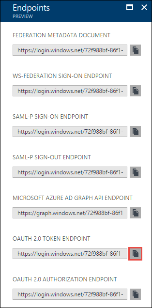 OAuth token endpoint Screenshot of the Endpoints blade with the O AUTH 2 point O TOKEN ENDPOINT copy icon called out.