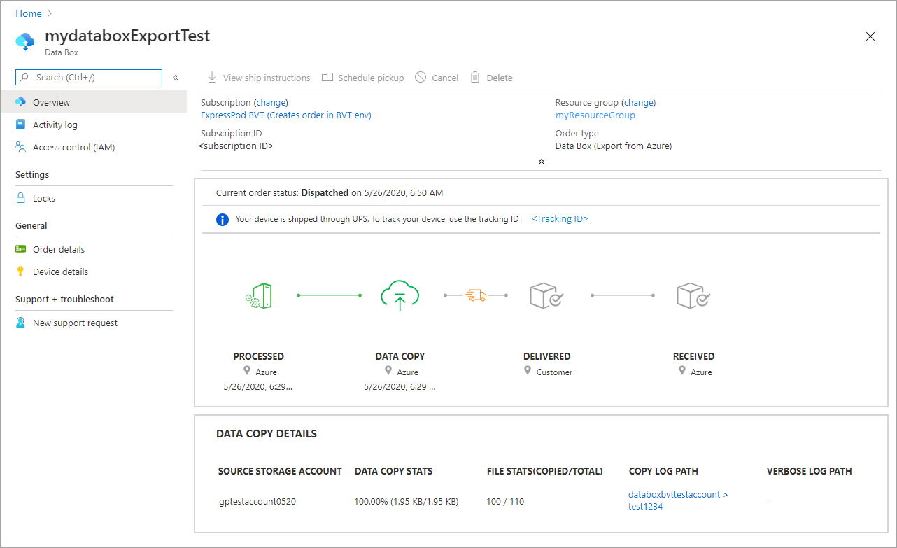 Screen capture of a Data Box export order with a Dispatched status.