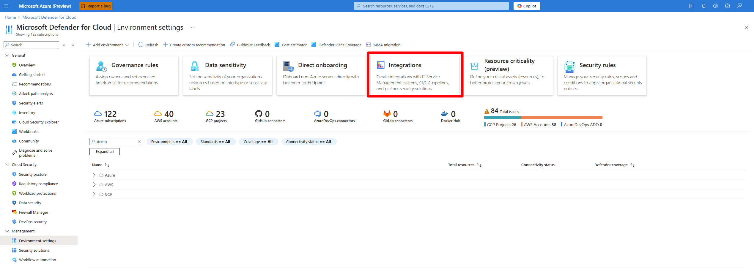Microsoft Defender for Cloud Environment settings page with Integrations selected.