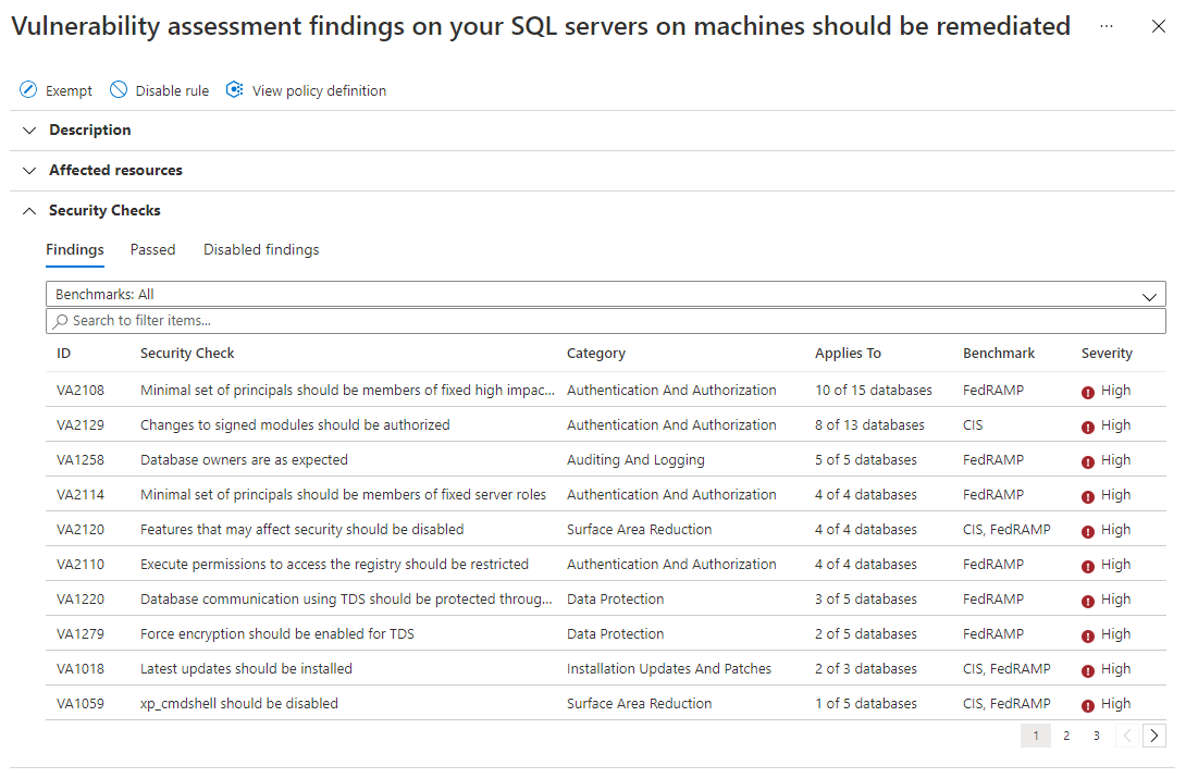 Screenshot of recommendation details view for SQL servers on machines showing vulnerability findings.