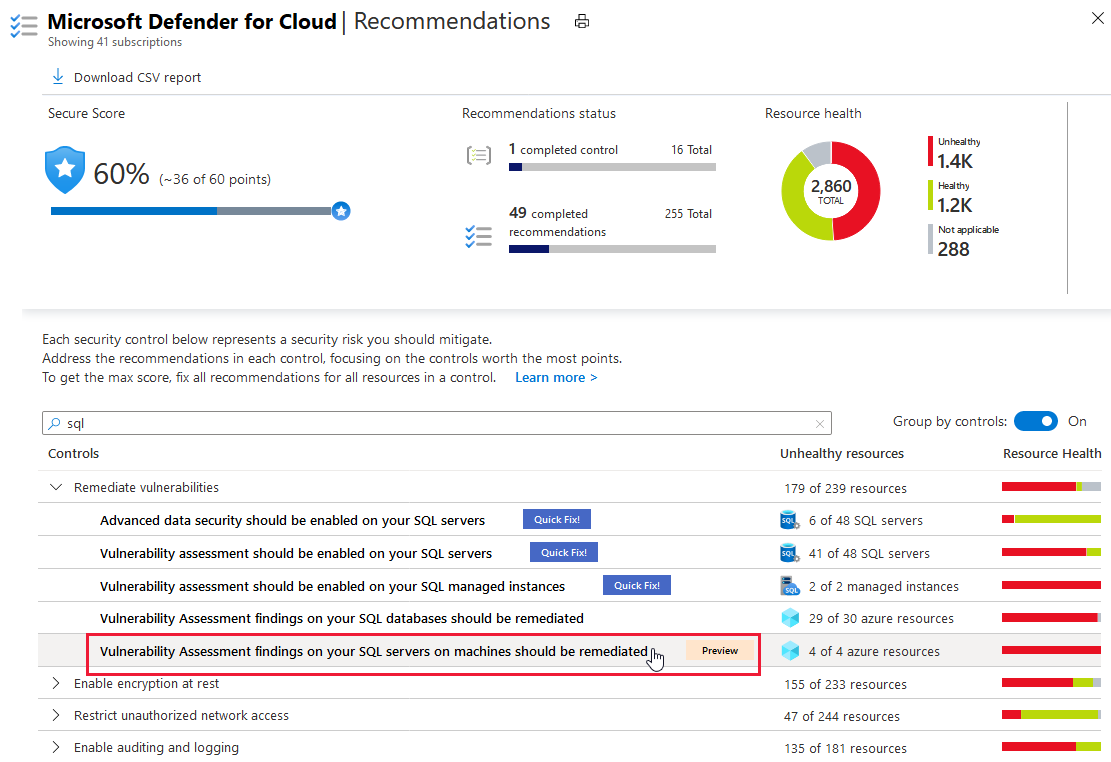 Screenshot of recommendation card for SQL servers on machines should have vulnerability findings resolved in Defender for Cloud.