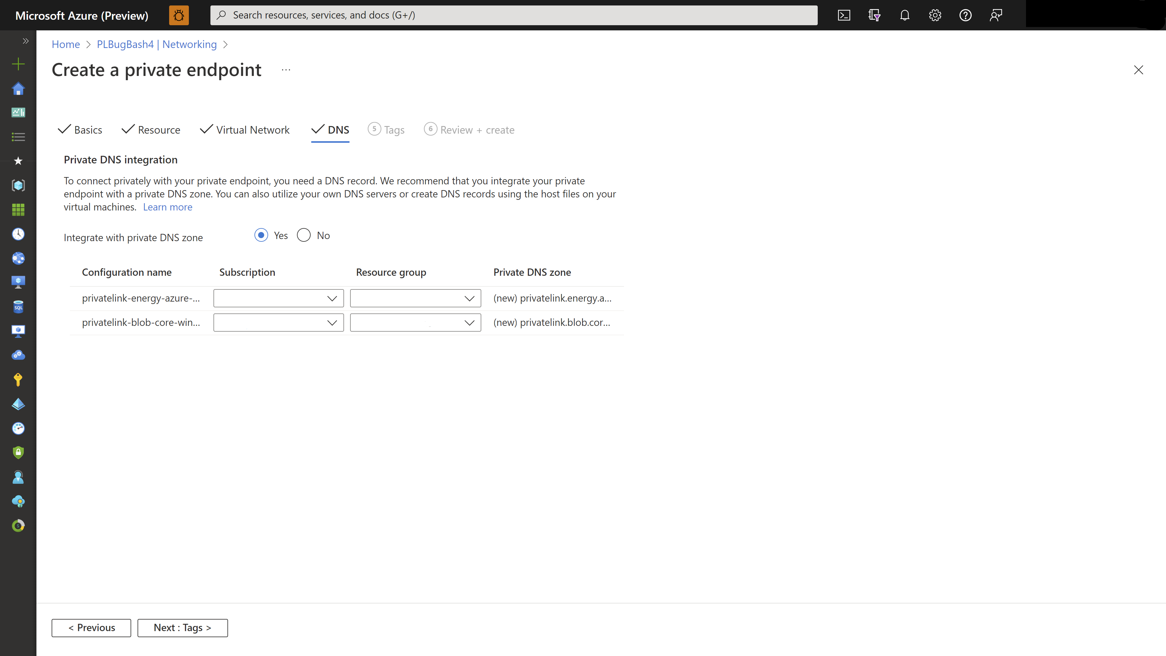 Screenshot of DNS information for a private endpoint.