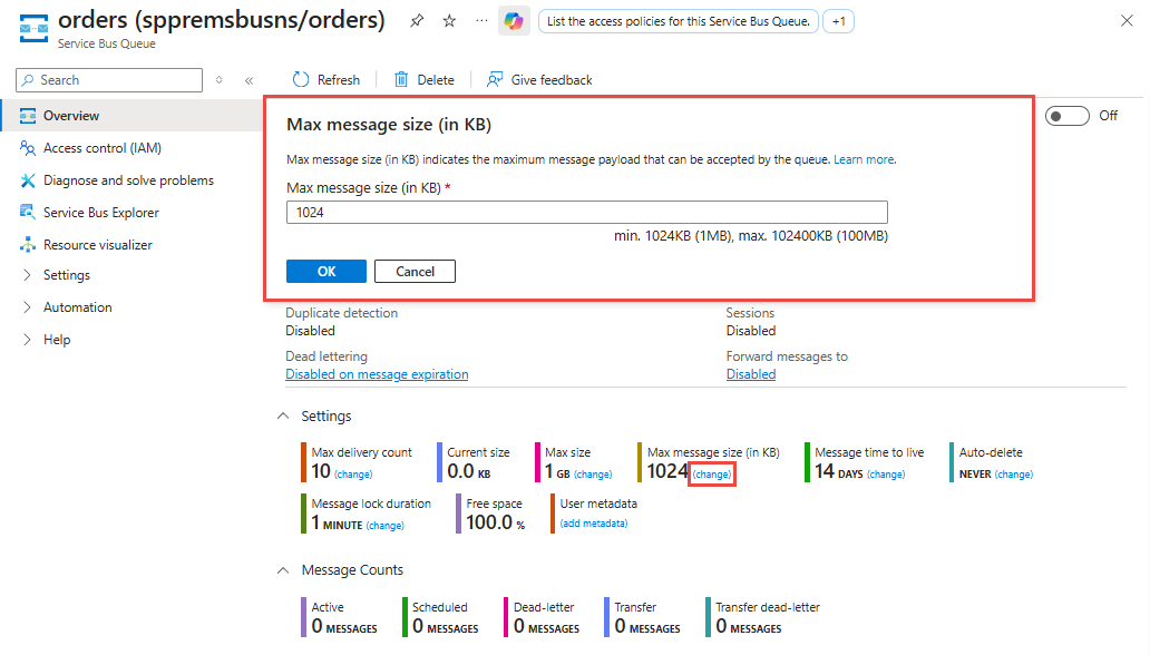 Screenshot of the Create queue page with large message support enabled.