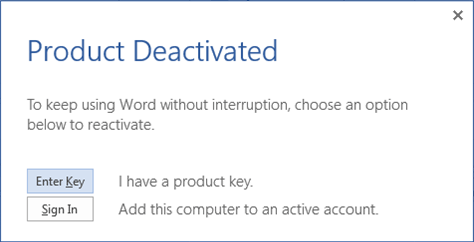 Screenshot of product deactivation prompt with options to enter a product key or sign in to an active account.