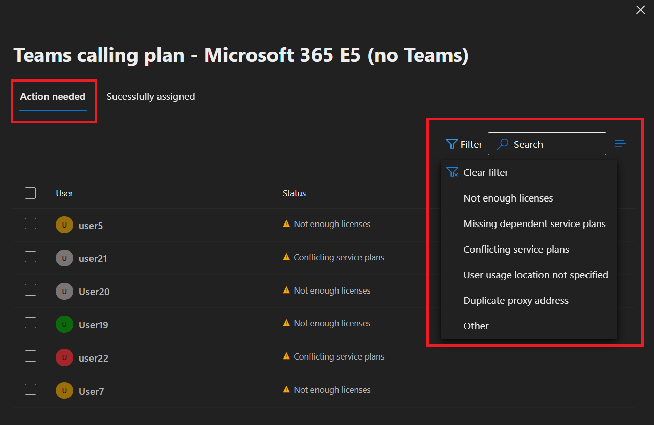 Screenshot of entries that require administration intervention.
