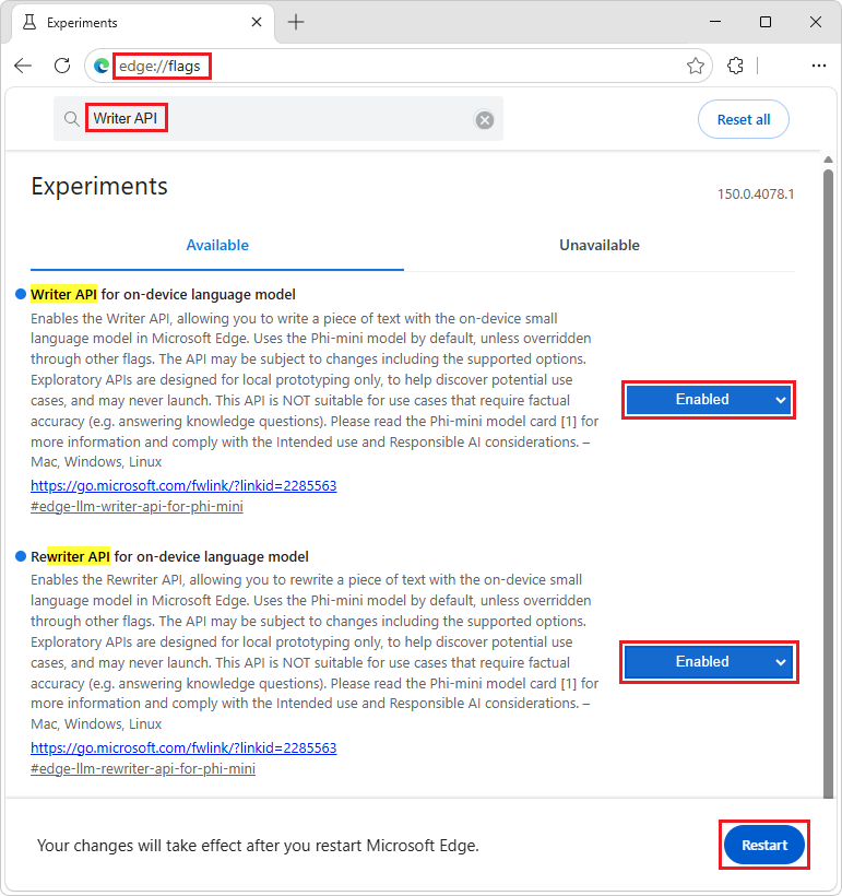 Flags page of browser