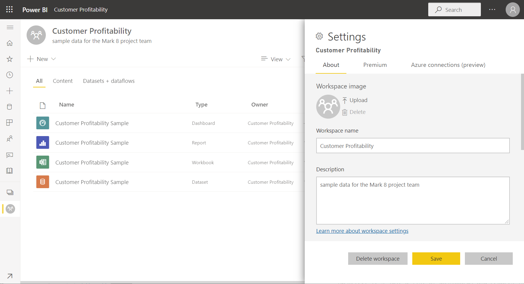 Screenshot of a workspace in Power BI.
