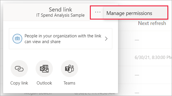 Screenshot of the Manage permissions pane in Power BI showing options to copy links, grant direct access, and view pending requests.