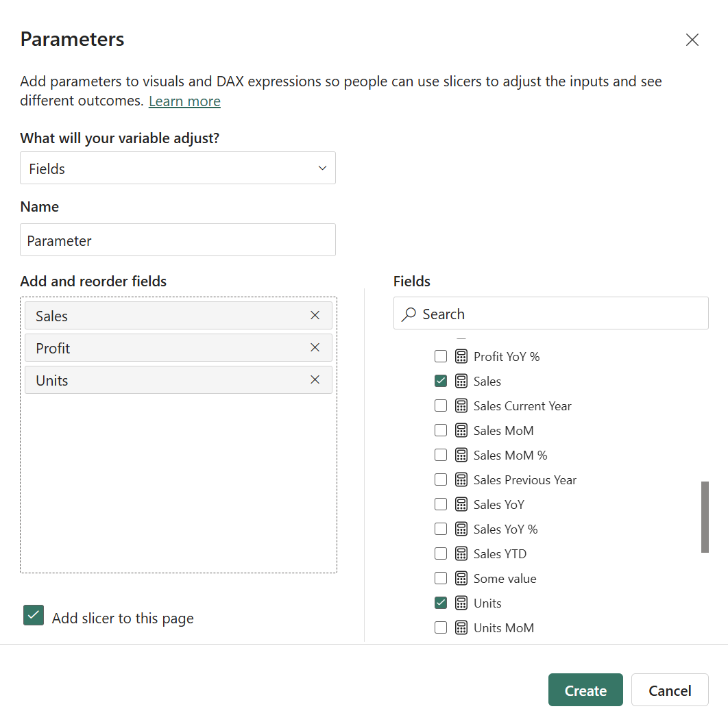 Screenshot of the field parameter setup dialog showing Customer, Color, Category, and Product field selections.