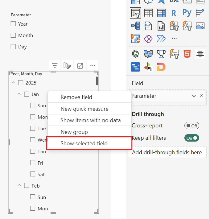 Screenshot of a slicer displaying a field parameter as a list of selectable field names.