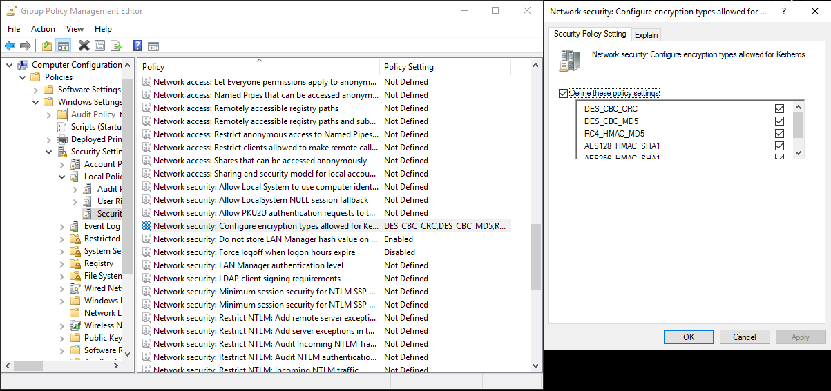 Screenshot of encryption types for Kerberos